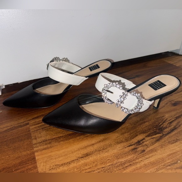 White House Black Market Black and White Heels with Sparkling Buckle - Picture 2 of 4